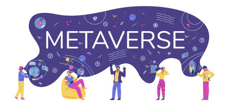 Metaverse flat vector horizontal banner. Different people in VR headsets in same cyberspace filled with abstract objects, holograms and cryptocurrency icons.のイラスト素材
