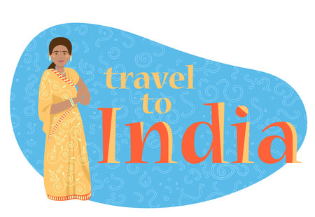 Vector banner welcome to India. Indian woman in traditional dress welcome to India.のイラスト素材