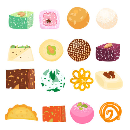 Big vector set of Asian sweets. Indian traditional sweets. Laddu, gujiya, sandesh, gulab jamun, jalebi, rasgulla and others.のイラスト素材