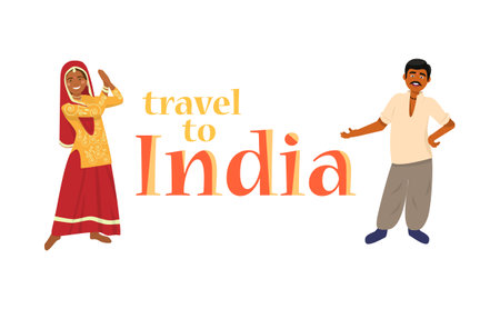 Welcome to India banner. Indian woman in traditional dress and man welcoming to India.のイラスト素材