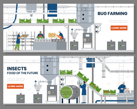 Bug farming horizontal vector banner. Automated bug farm interior with workers illustration. Insect as alternative food of the future.のイラスト素材