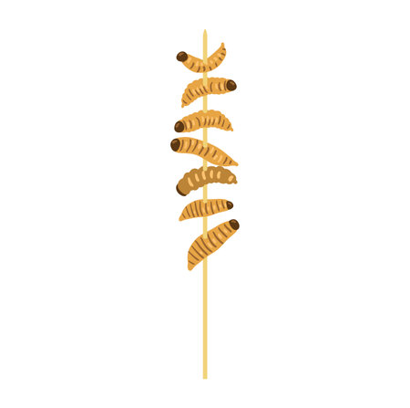 Wooden stick with fried caterpillars flat vector illustration isolated on white. Edible insects as alternative food.のイラスト素材