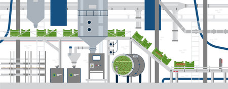 Automated bug farm interior with no people flat vector illustration. Insect farming equipment, conveyor, boxes, pipes.のイラスト素材