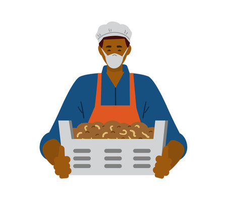 Bug farm. African american man in mask and gloves holding box with yellow mealworms vector illustration isolated on white. Edible insects.のイラスト素材