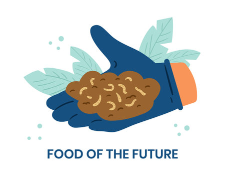 Insects food of the future vector concept banner. Hand in glove holding dirt with mealwarms.のイラスト素材