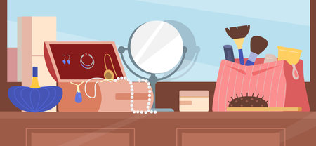Dressing Table With Cosmetic Bag, Mirror, Jewelry, Makeup Brushes, Perfume Flat Vector Illustration. Women's Beauty Accessories.のイラスト素材