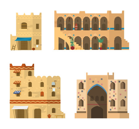 Set of traditional Islamic architecture. Mud brick buildings with mosaics, ornaments and awnings. Flat vector illustration.のイラスト素材