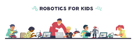 Robotics for kids horizontal vector banner. Children with teacher engineering and programming robots.のイラスト素材