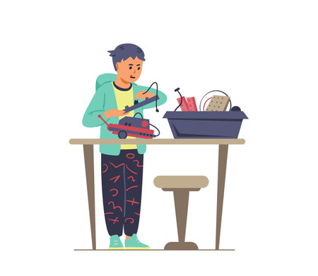 Robotics for kids flat vector illustration. Boy standing near desk with box with details making a robot.のイラスト素材