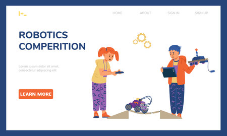 Robotics for kids vector landing page template. Kids taking part on robotics competition.のイラスト素材