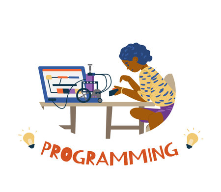 Robotics for kids flat vector illustration. African american girl sitting at desk with laptop programming and controlling robot.のイラスト素材