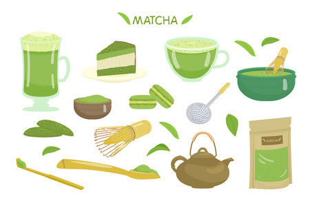Matcha Tea And Desserts Vector Set. Glass Cup With Matcha, Tea Powder, Bamboo Spoon, Whisk, Ceramic Bowl, Sieve, Tea Pot, Cookies, Cake, Macarons.のイラスト素材