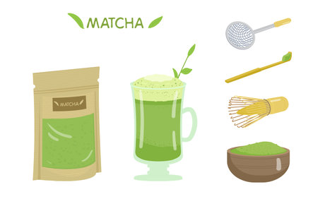 Tea Matcha Vector Set. Glass Cup With Matcha, Tea Powder, Tea Packaging, Bamboo Spoon, Whisk, Ceramic Bowl, Sieve. Japanese Traditional Beverage.のイラスト素材