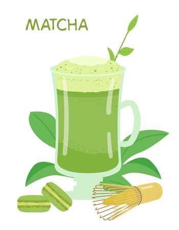 Matcha In Tall Glass Cup Vector Illustration. Macarons With Matcha, Whisk, Tea Leaves.のイラスト素材