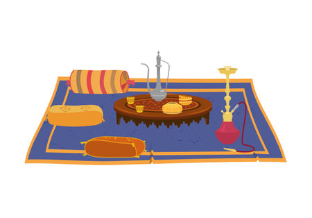 Asian round low table with tea pot and hookah on carpet with colorful decorative pillows around. Traditional wooden arab furniture. Moroccan interior elements. cartoon vector.のイラスト素材