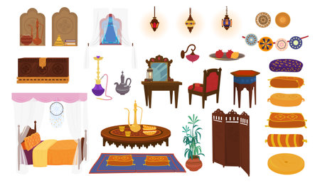 Big vector set of arab, moroccan or indian interior elements. Furniture in middle eastern style, pillows, lanterns, hookah, chest, screen, ceramics. Cartoon.のイラスト素材