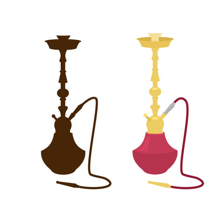 Hookah black silhouette and in color. Golden shisha with red glass. cartoon vector. isolated on white.のイラスト素材