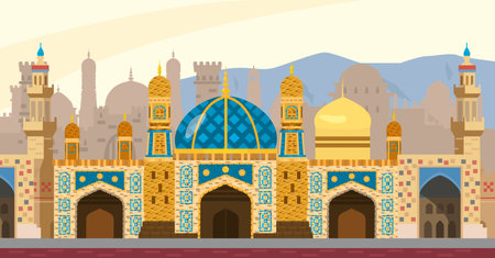 Arab street background vector illustration. Middle Eastern cityscape. Mosque, towers, gates, mosaics. flat style.のイラスト素材
