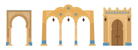 Set of Indian arches with mosaics, lanterns. Middle East architecture elements. ancient gates. Flat vector illustration.のイラスト素材