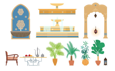 Arabian Palace Garden Elements Flat Vector Illustration. Ornate Fountains, Arch, Potted Tropical Plants, Armchair, Table With Silver Pot And Plate With Fruits, Lanterns. Isolated On White.のイラスト素材