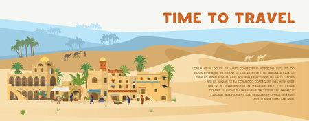 Time To Travel Vector Banner With illustration of Ancient Arabic Town In desert landscape with people, traditional mud brick houses, palms, bedouin with camels. flat design.のイラスト素材