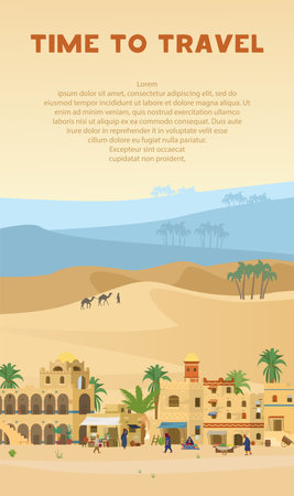 Time To Travel Vertical Vector Banner With illustration of Ancient Arabic Town In desert landscape with traditional mud brick houses, people, palms, bedouin with camels. flat design.のイラスト素材