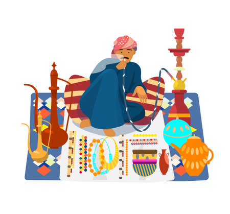 Vector illustration of arab man smoking hookah and selling traditional souvenirs: ceramics, jewelry, tea pots. Middle East culture.のイラスト素材
