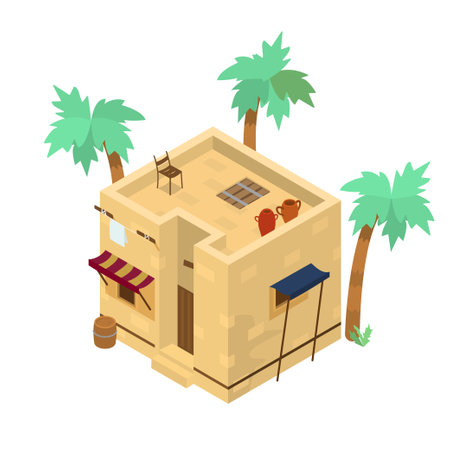 Isometric Middle Eastern building with lots of details. Mud brick house. Traditional Arabic architecture.のイラスト素材