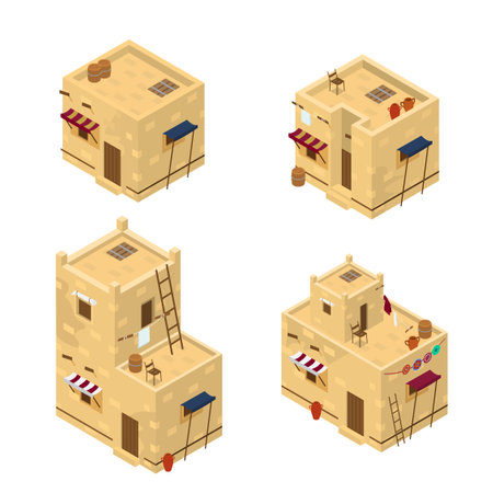 Vector set of isometric arabic living houses. Middle Eastern traditional architecture. Mud brick buildings.のイラスト素材