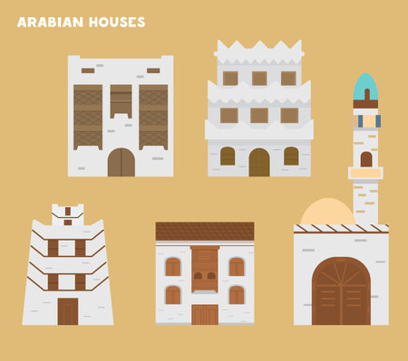 Authentic Ancient Arabian Houses Flat Vector Illustrations Set.のイラスト素材