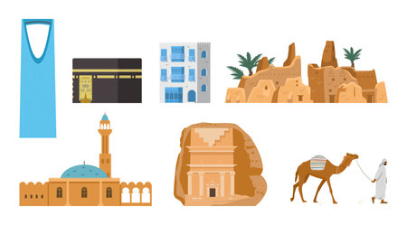 Saudi Arabia sightseeing vector illustrations set. Kaaba, mosque, tomb in AlUla, Al-Turaif, kingdom tower, ancient building in Jeddah, beduin with camel.のイラスト素材