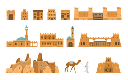 Saudi Arabia authentic architecture vector illustrations set. Traditional ancient Arabian houses, village, gates, mosque, beduin with camel.のイラスト素材
