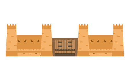 Arabian castle wall with gates and towers. Middle East architecture element. ancient gates. Flat vector illustration isolated on white.のイラスト素材