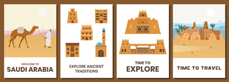 Welcome to Saudi Arabia vector cards set. Authentic traditional architecture, desert landscape, castles and sightseeing.のイラスト素材
