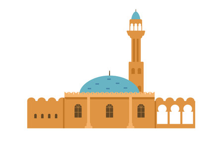 Traditional Arabian mosque building exterior flat vector illustration isolated on white.のイラスト素材