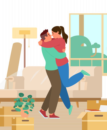 Happy Young Couple Just Moved Into New House Hugging Among Unpacked Boxes And Furniture Flat Vector Illustration.のイラスト素材