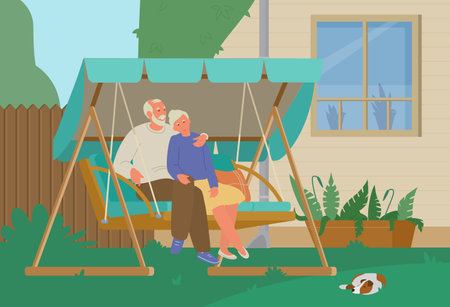 Senior Couple Resting In Garden Swing In The Backyard. Flat Vector Illustration.のイラスト素材