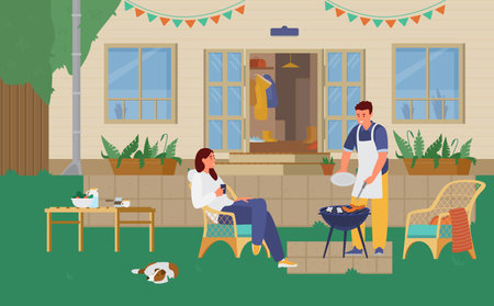 Couple Having Barbeque Party In The Backyard. Woman Drinking Coffee In The Whicker Chair, Man Cooking On The Grill, Dog Sleeping On The Lawn. vector illustration.のイラスト素材