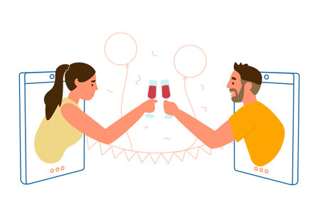 Online Date Or Party Concept Flat Vector Illustration. Couple Clinking Glasses Of Wine From Smartphones.のイラスト素材
