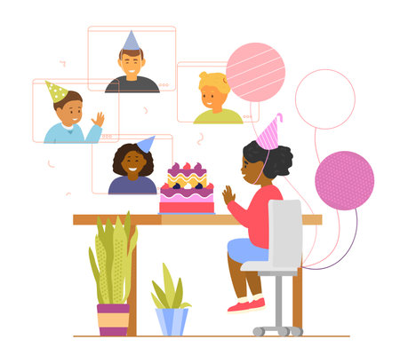 Kids Online Birthday Party. African American Birthday Girl With Cake And Balloons Celebrates With Friends By Videoconference. Flat Vector Illustration.のイラスト素材