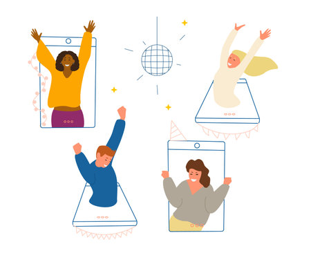 Online Dance Party During Quarantine Concept Flat Vector Illustration. Happy People Of Different Ethnicity Dancing In Smartphones.のイラスト素材