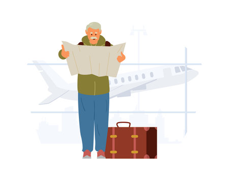 Elderly Man With Suitcase Holding Map Standing In Airport. Flat Vector Illustration.のイラスト素材