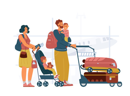Family With Kids Standing With Cart With Baggage In Airport. Mother With Baby Stroller, Father Holding Child On Hands. Flat Vector Illustration.のイラスト素材