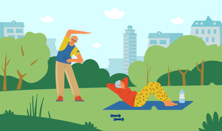 Elderly couple doing exercises in the park flat vector illustration. Active senior people outdoors.のイラスト素材