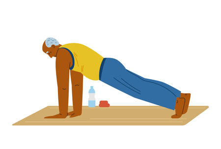 African american senior man doing exercises on the mat flat vector illustration. Elderly man doing plank.のイラスト素材
