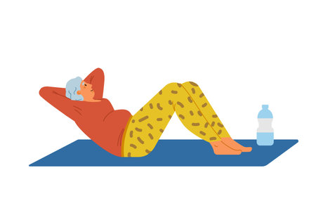 Senior woman doing exercises on the mat flat vector illustration. Elderly woman shakes the press.のイラスト素材