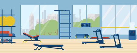Gym interior with equipment flat vector illustration.のイラスト素材