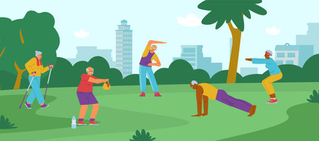 Elderly people doing exercises in the park flat vector illustration. Active senior people outdoors.のイラスト素材