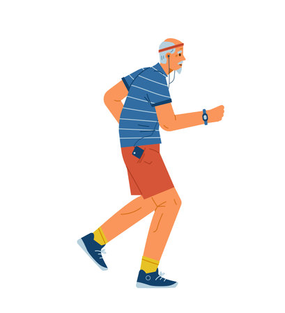 Senior man running listening to the music flat vector illustration. active retirement.のイラスト素材