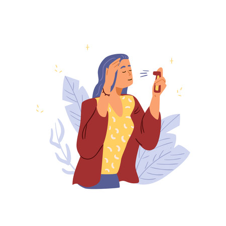 Skincare and beauty routine flat vector illustration. Woman applying moisturizer facial mist.のイラスト素材